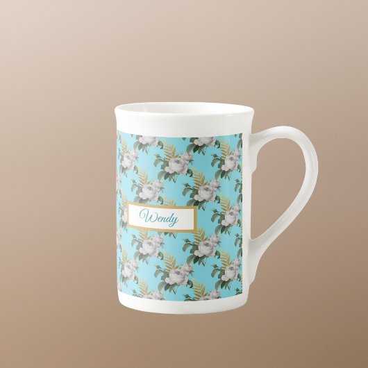 White Roses Pattern op Aqua Monogram Porselein Kop