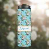  White Roses Pattern op Aqua Monogram Thermosbeker
