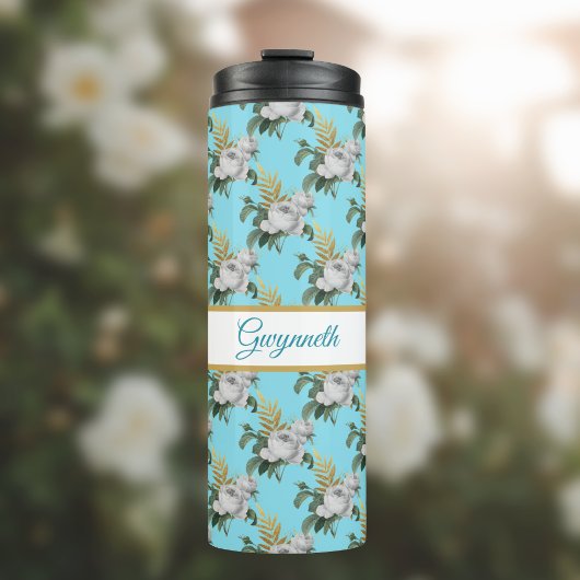  White Roses Pattern op Aqua Monogram Thermosbeker