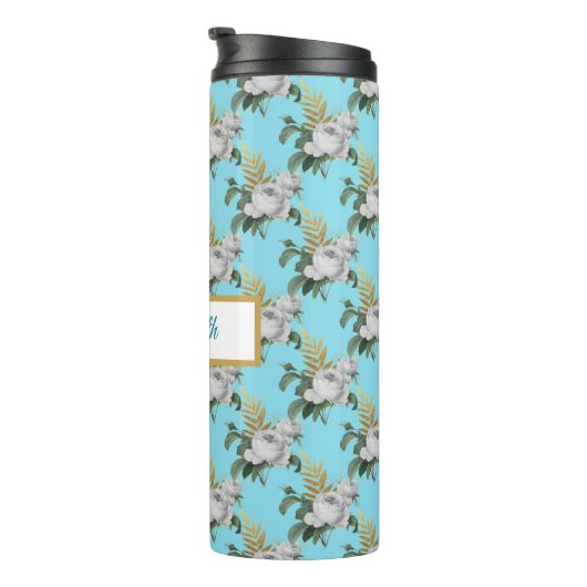  White Roses Pattern op Aqua Monogram Thermosbeker (Geroteerd rechts)