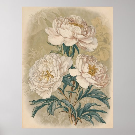 White Roses Peony  botanische muurkunst Poster (Voorkant)