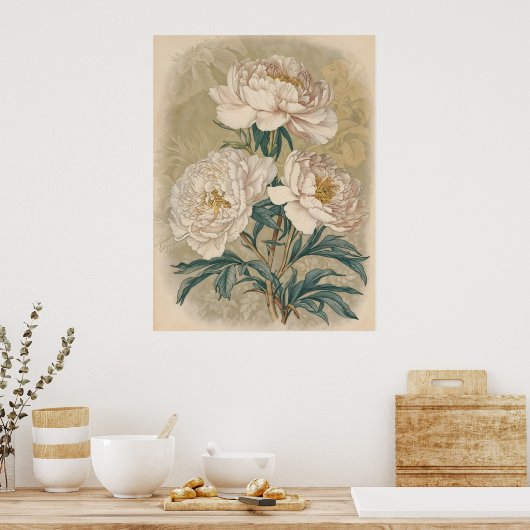 White Roses Peony  botanische muurkunst Poster (Keuken)