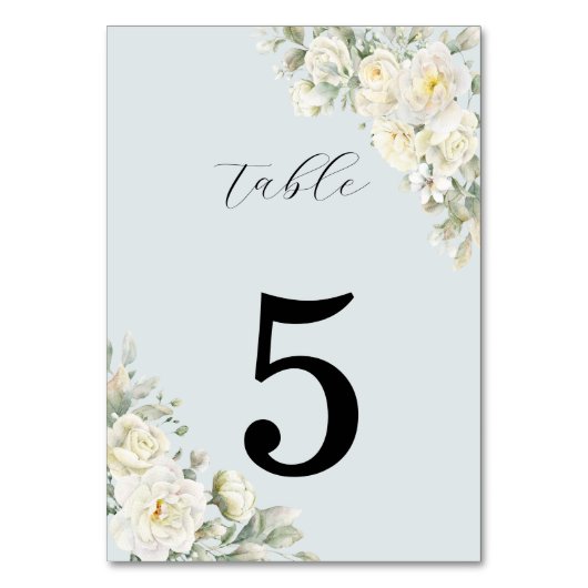 White Roses Powder Blue Table Number Kaart (Voorkant)