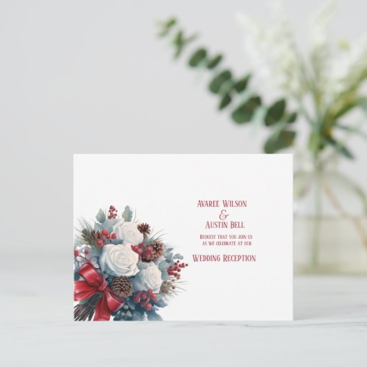 White Roses Red Ribbon Christmas Wedding Briefkaart (Staand voorkant)