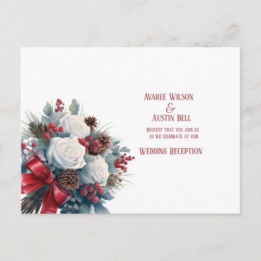 White Roses Red Ribbon Christmas Wedding Briefkaart (Voorkant)