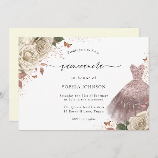 White Roses Roos Gold Sparkle Quinceanera Kaart (Voorkant / Achterkant)