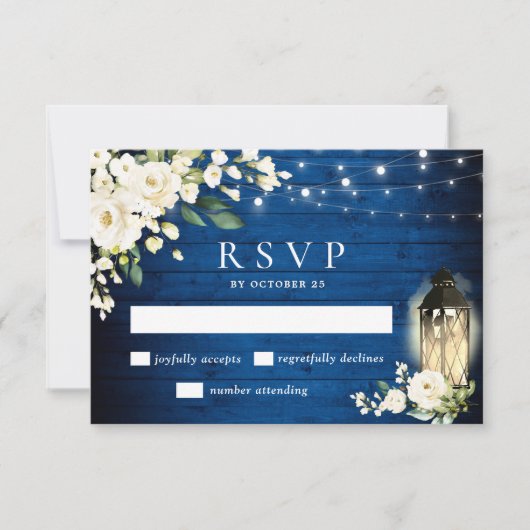 White Roses Royal Blue Wood Lantern Wedding RSVP Kaartje (Voorkant)