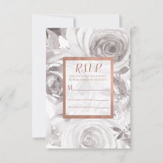 White Roses roze Rose Gold Modern Wedding RSVP (Voorkant)