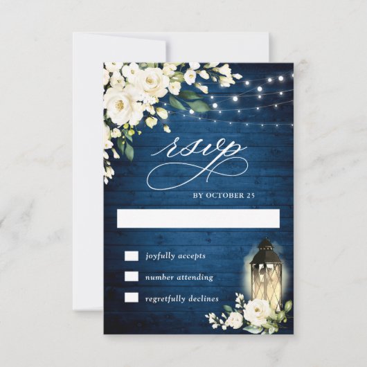 White Roses Rustic Blue Wood Lantern RSVP Card (Voorkant)