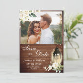 White Roses Rustic Wood Lantern Foto Weddenschap Save The Date (Staand voorkant)