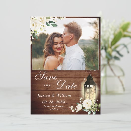 White Roses Rustic Wood Lantern Foto Weddenschap Save The Date (Staand voorkant)