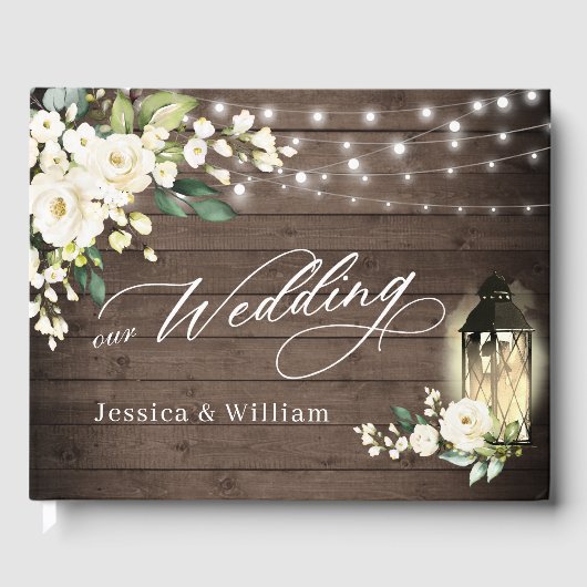 White Roses Rustic Wood Lantern PHOTO Wedding Gastenboek (Voorkant)