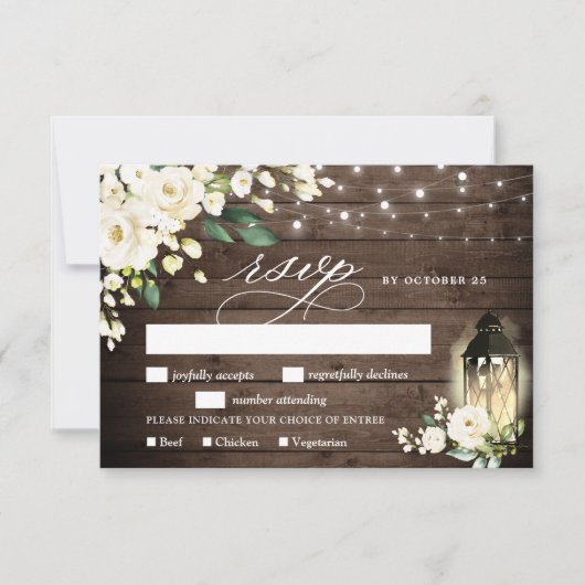 White Roses Rustic Wood Lantern RSVP Card (Voorkant)