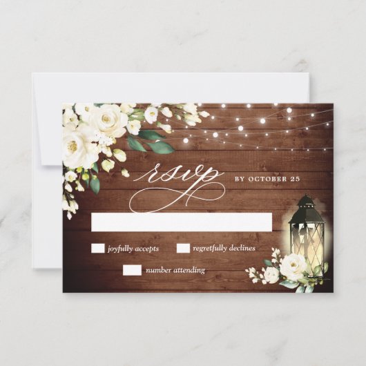 White Roses Rustic Wood Lantern RSVP Card (Voorkant)