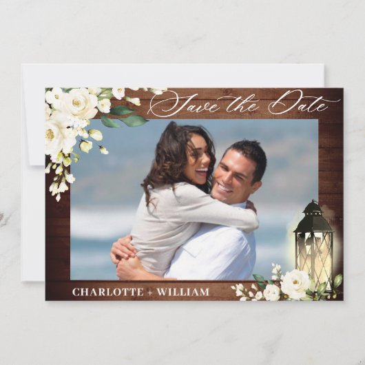 White Roses Rustic Wood Lantern Waterverf Wedding Save The Date (Voorkant)