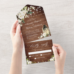 White Roses Rustic Wood Lantern Wedding All In One Uitnodiging