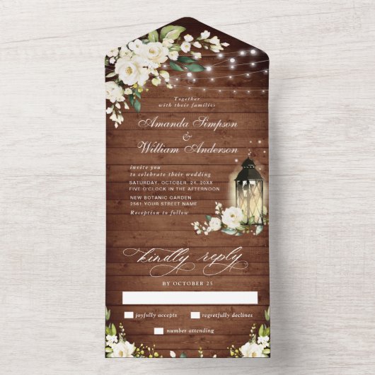 White Roses Rustic Wood Lantern Wedding All In One Uitnodiging (Binnen)