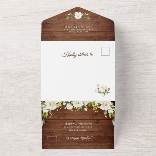 White Roses Rustic Wood Lantern Wedding All In One Uitnodiging (Buitenkant)