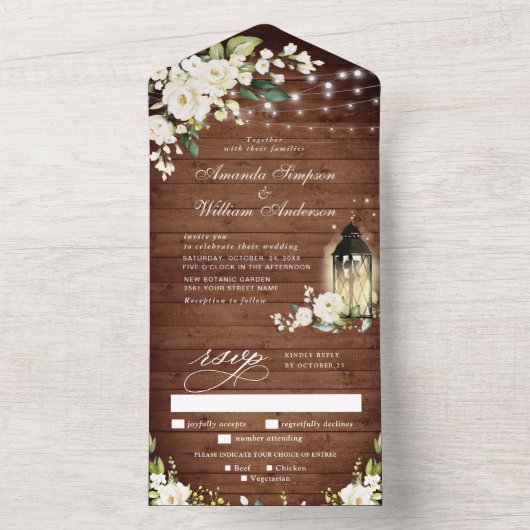 White Roses Rustic Wood Lantern Wedding All In One Uitnodiging (Binnen)