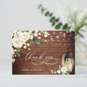 White Roses Rustic Wood Lantern Wedding Bedankkaart (Staand voorkant)
