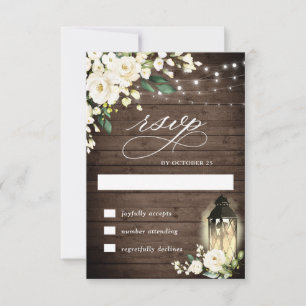 White Roses Rustic Wood Lantern Wedding RSVP Kaartje