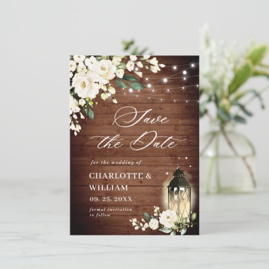 White Roses Rustic Wood Lantern Wedding Save The Date (Staand voorkant)