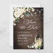 White Roses Rustic Wood Lantern Wedding Save The Date (Voorkant)
