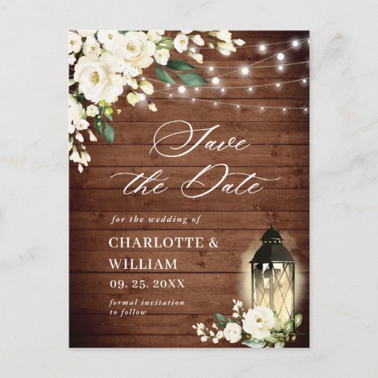 White Roses Rustic Wood Wedding Save the Date Briefkaart (Voorkant)