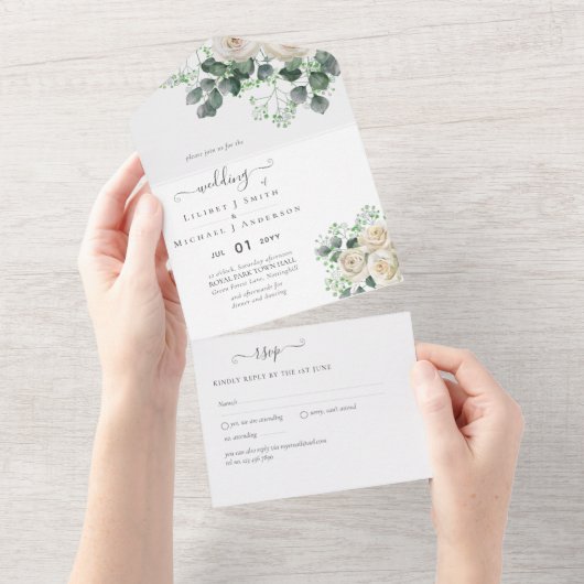 White Roses Sage Eucalyptus Leaves Weduwbudget All In One Uitnodiging (Afscheurbaar)