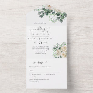 White Roses Sage Eucalyptus Leaves Weduwbudget All In One Uitnodiging