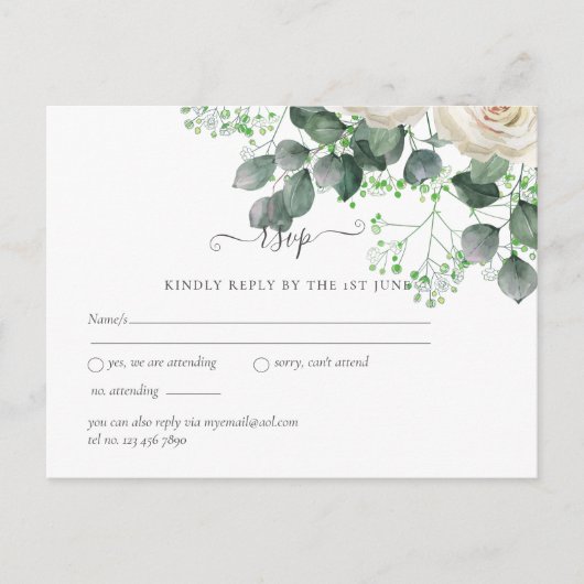 White Roses Sage Eucalyptus Leaves Weduwbudget Briefkaart