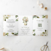 White Roses Sage laat Mason Jar QR Code Weddenscha Drieluik Uitnodiging (Binnen)