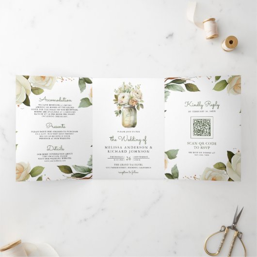 White Roses Sage laat Mason Jar QR Code Weddenscha Drieluik Uitnodiging (Binnen)