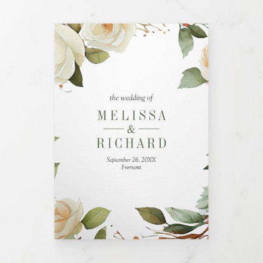 White Roses Sage laat Mason Jar QR Code Weddenscha Drieluik Uitnodiging (Cover)