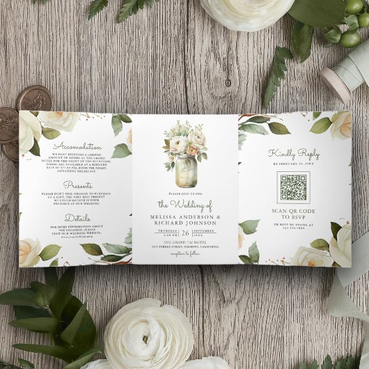 White Roses Sage laat Mason Jar QR Code Weddenscha Drieluik Uitnodiging