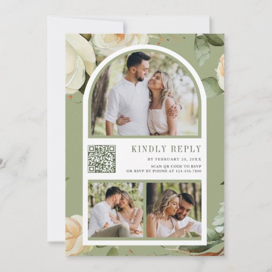 White Roses Sage laat Mason Jar QR Code Weddenscha Kaart (Achterkant)