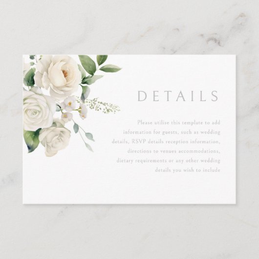 White Roses & Sage Leaf Wedding Details Informatiekaartje (Voorkant)