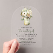 White Roses Sage Leaves Mason Jar Wedding  Acryl Uitnodigingen (Insitu (Draagbaar))