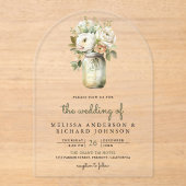 White Roses Sage Leaves Mason Jar Wedding  Acryl Uitnodigingen (Voorkant)