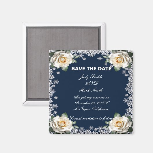 White Roses Snowflake Christmas Bewaar de datum Magneet (Voorkant / Achterkant)