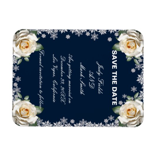 White Roses Snowflake Christmas Bewaar de datum Magneet (Horizontaal)