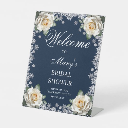 White Roses Snowflake Christmas Vrijgezellenfeest Reclamebord Met Voetstuk (Voorkant)