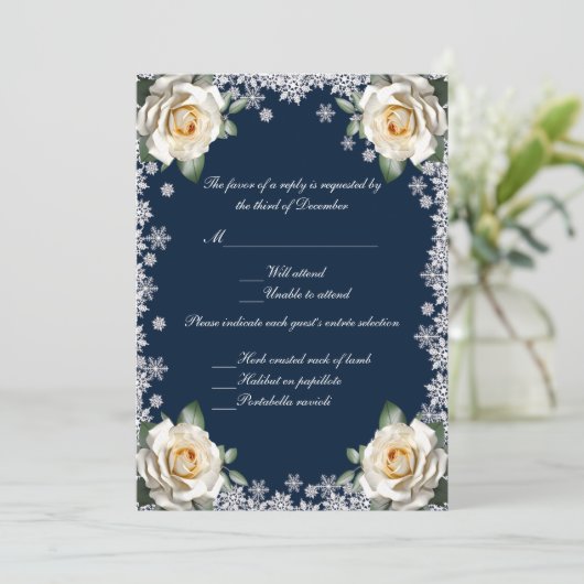 White Roses Snowflake Wedding Response Kaart (Staand voorkant)