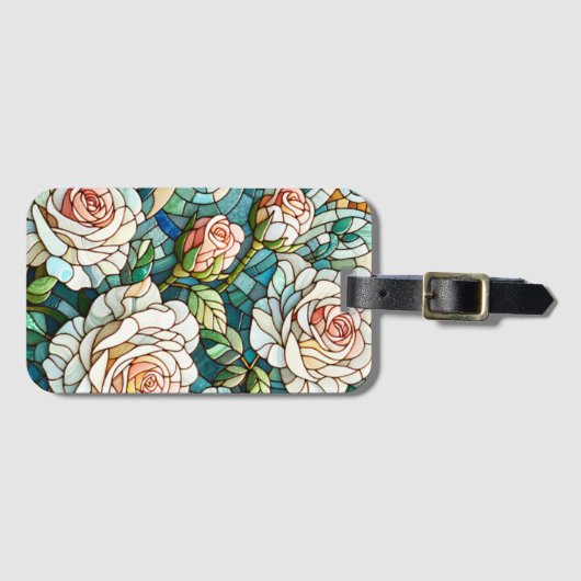 White Roses Stained Glass Mosaic Bagagelabel (Voorkant (horizontaal))