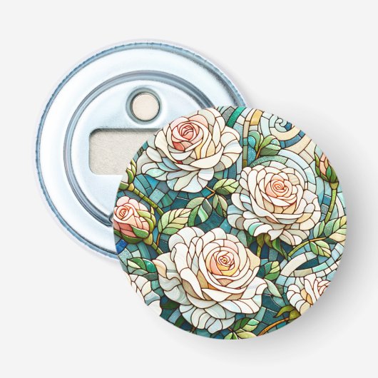 White Roses Stained Glass Mosaic Button Flesopener (Voorkant)