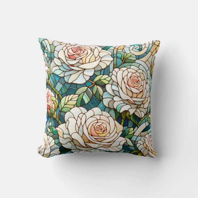 White Roses Stained Glass Mosaic Kussen (Voorkant)