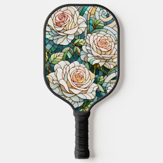 White Roses Stained Glass Mosaic Pickleball Paddle (Voorkant)