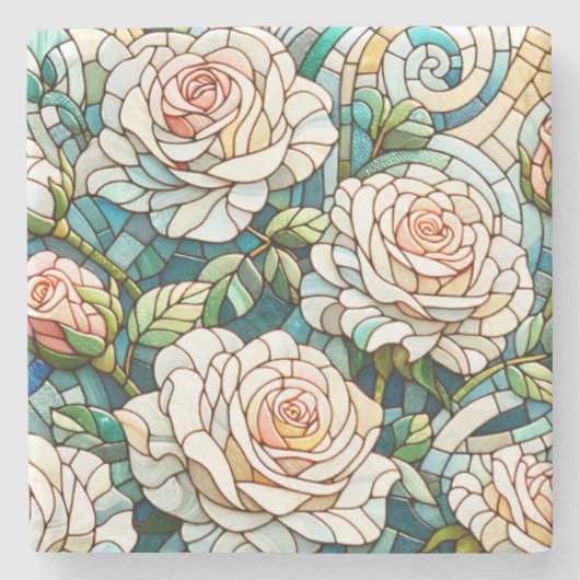 White Roses Stained Glass Mosaic Stenen Onderzetter (Voorkant)