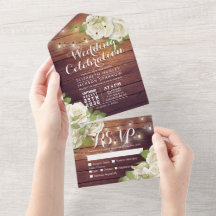 White Roses String Lights Rustic Wood Wedding RSVP