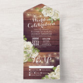 White Roses String Lights Rustic Wood Wedding RSVP All In One Uitnodiging (Binnen)